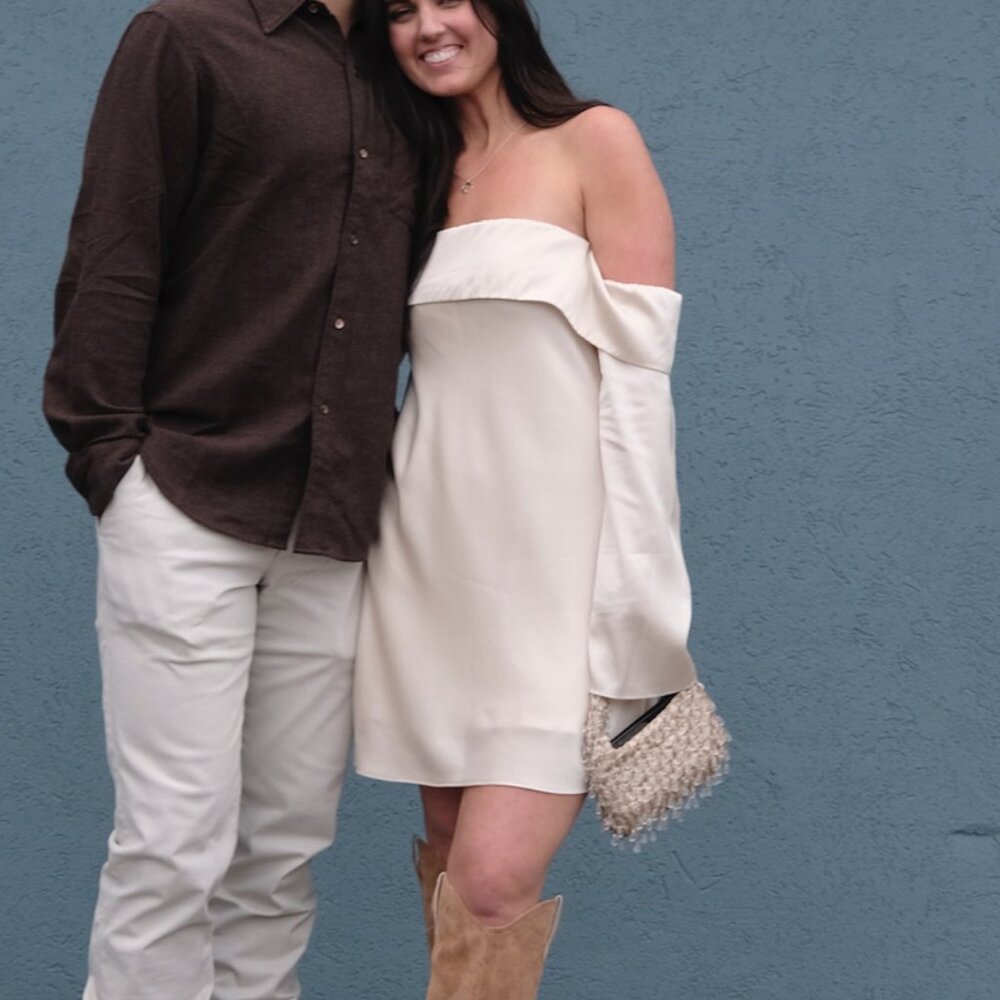 Reformation Maves Satin Almond Ivory‎ Off Shoulder Long Sleeve Mini Dress Size M